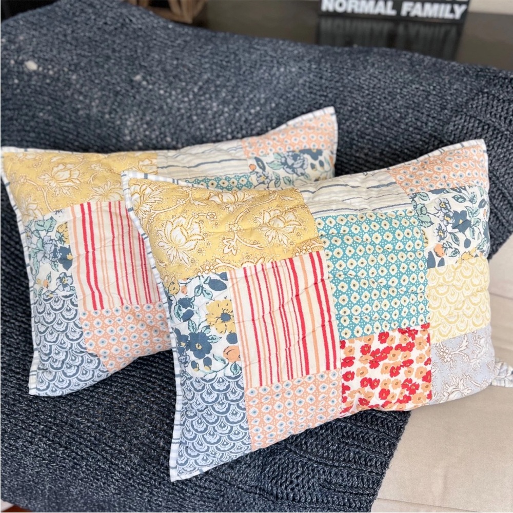2 Garnet Hill Camille Quilted Patchwork Pillow Shams STANDARD Floral Stripe $138 - Picture 5 of 8